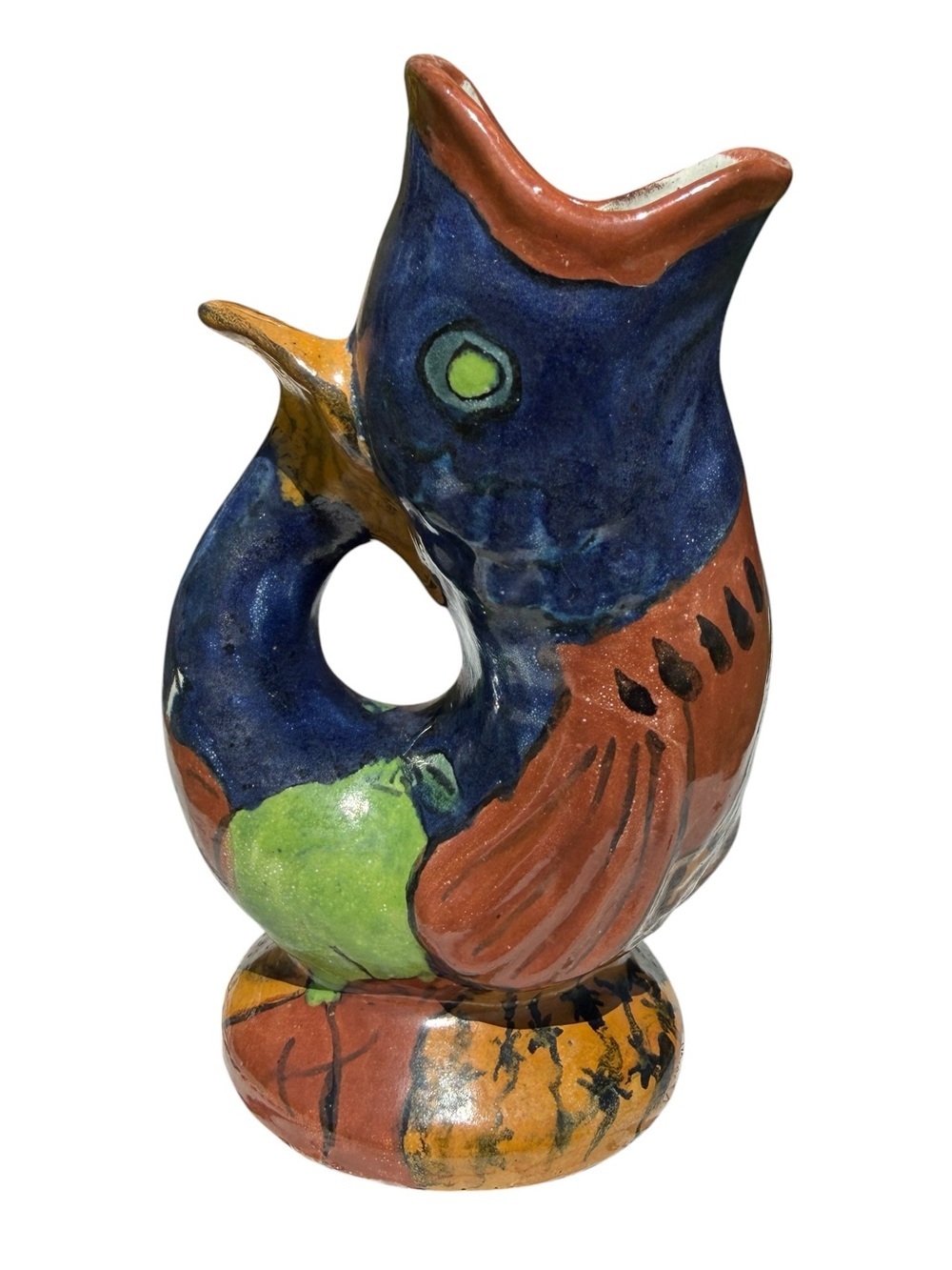 Vintage Hand Painted Folk Art Fish Pitcher Vase Studio Pottery Coastal Ceramic